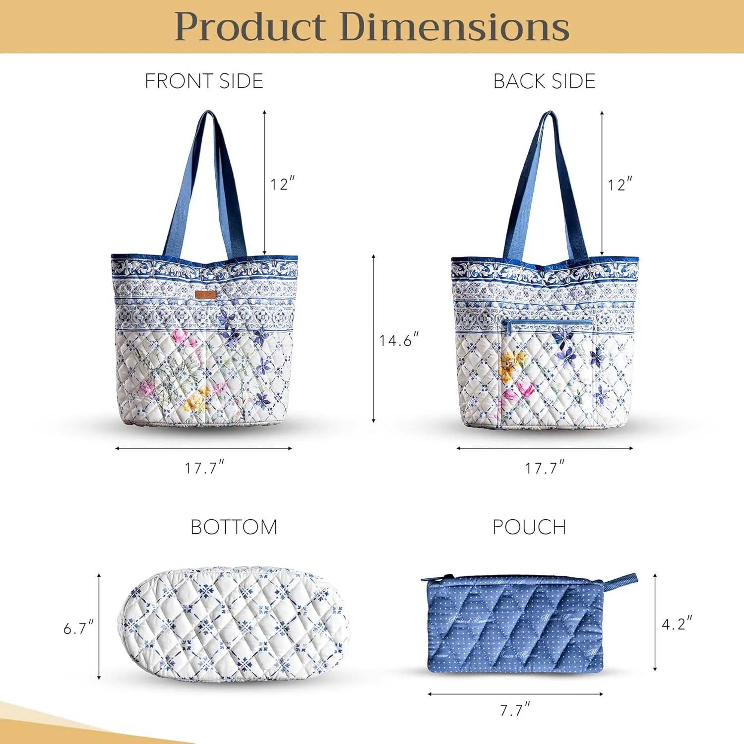 Maison d' Hermine Shopping Bags Cotton Quilted Tote Bag with Zipper Pockets Small Pouch Reusable Grocery Bag Work Travel