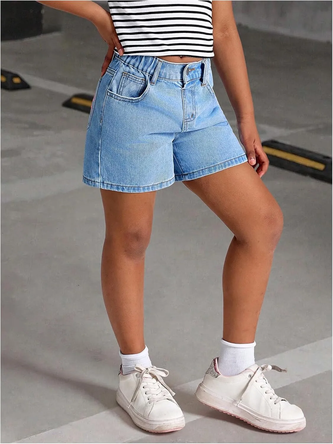 MakeMeChic Girl's Denim Shorts Bow Embroidery Straight Leg Bermuda Jean Shorts with Pockets