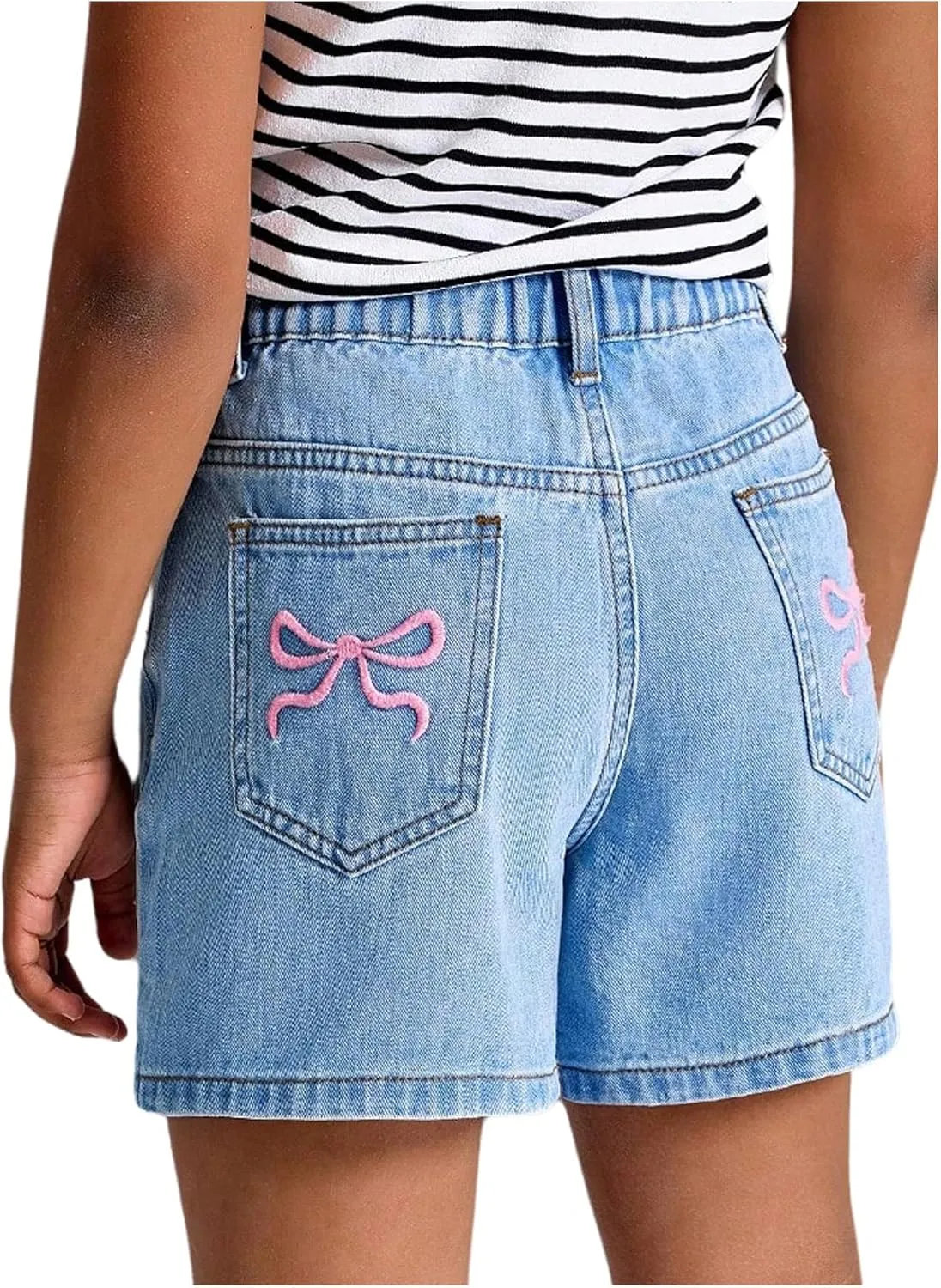 MakeMeChic Girl's Denim Shorts Bow Embroidery Straight Leg Bermuda Jean Shorts with Pockets
