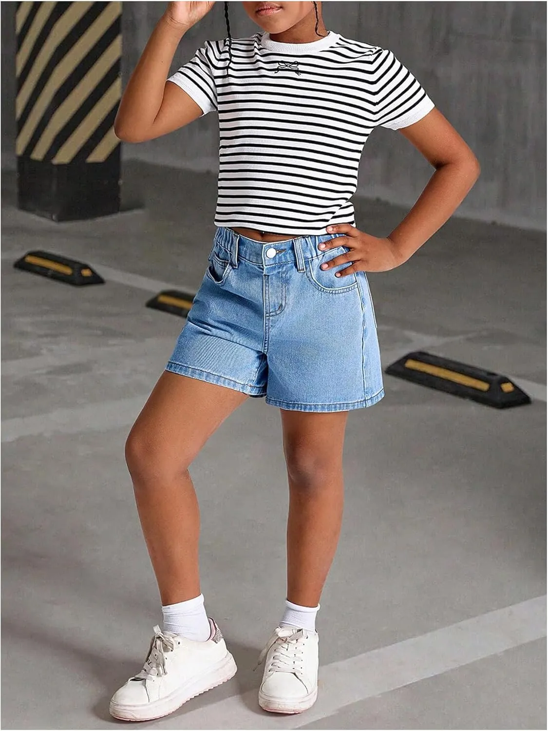 MakeMeChic Girl's Denim Shorts Bow Embroidery Straight Leg Bermuda Jean Shorts with Pockets