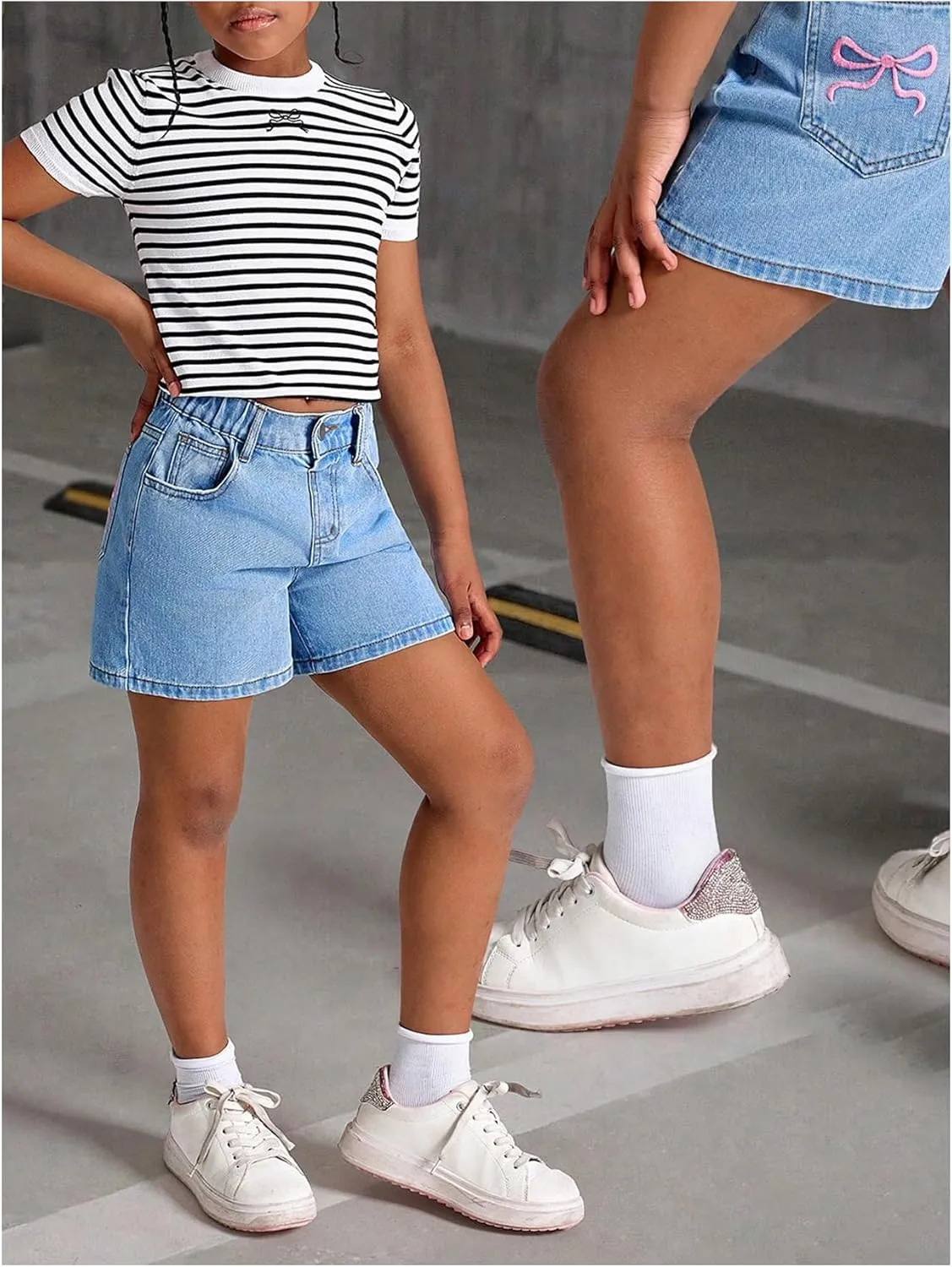 MakeMeChic Girl's Denim Shorts Bow Embroidery Straight Leg Bermuda Jean Shorts with Pockets