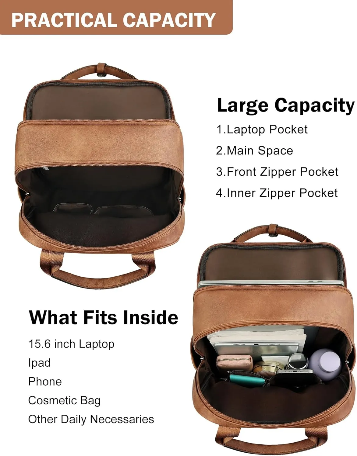 MASINTOR Leather Laptop Backpack for Women, Stylish Computer Backpack College Business Work Shoulder Bags Work and Travel Mocha Brown