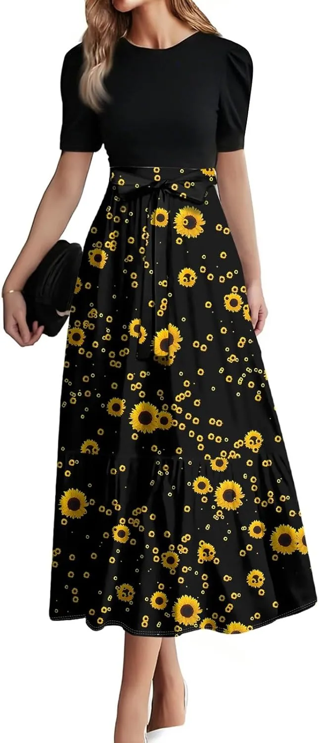 Maxi Dresses for Women 2025 Summer- Short Sleeve Floral Maxi Dress Trendy High Waist Long Dresses Flowy Summer Dress
