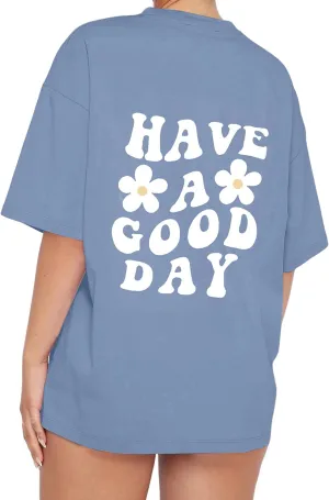Meladyan Womens Oversize Graphic Printed T-Shirts Short Sleeve Drop Shoulder Round Neck Loose Tee Shirt Tops
