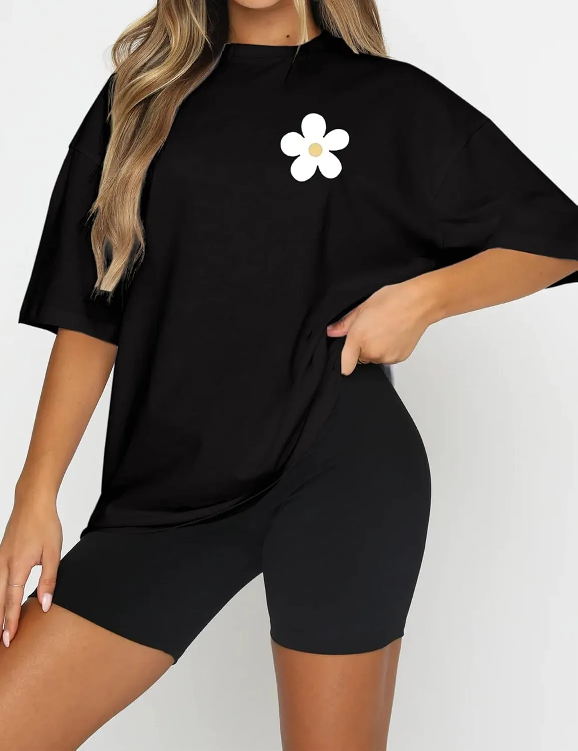 Meladyan Womens Oversize Graphic Printed T-Shirts Short Sleeve Drop Shoulder Round Neck Loose Tee Shirt Tops