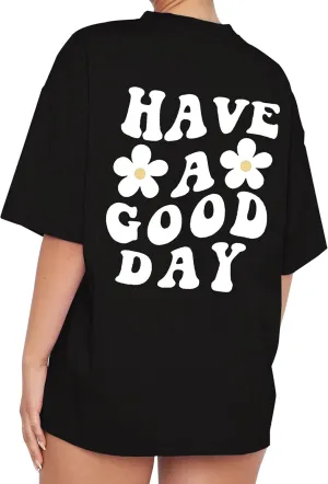 Meladyan Womens Oversize Graphic Printed T-Shirts Short Sleeve Drop Shoulder Round Neck Loose Tee Shirt Tops