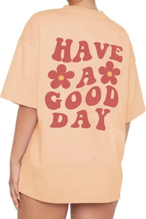 Meladyan Womens Oversize Graphic Printed T-Shirts Short Sleeve Drop Shoulder Round Neck Loose Tee Shirt Tops