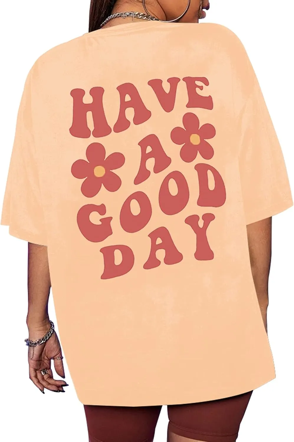 Meladyan Womens Oversize Graphic Printed T-Shirts Short Sleeve Drop Shoulder Round Neck Loose Tee Shirt Tops