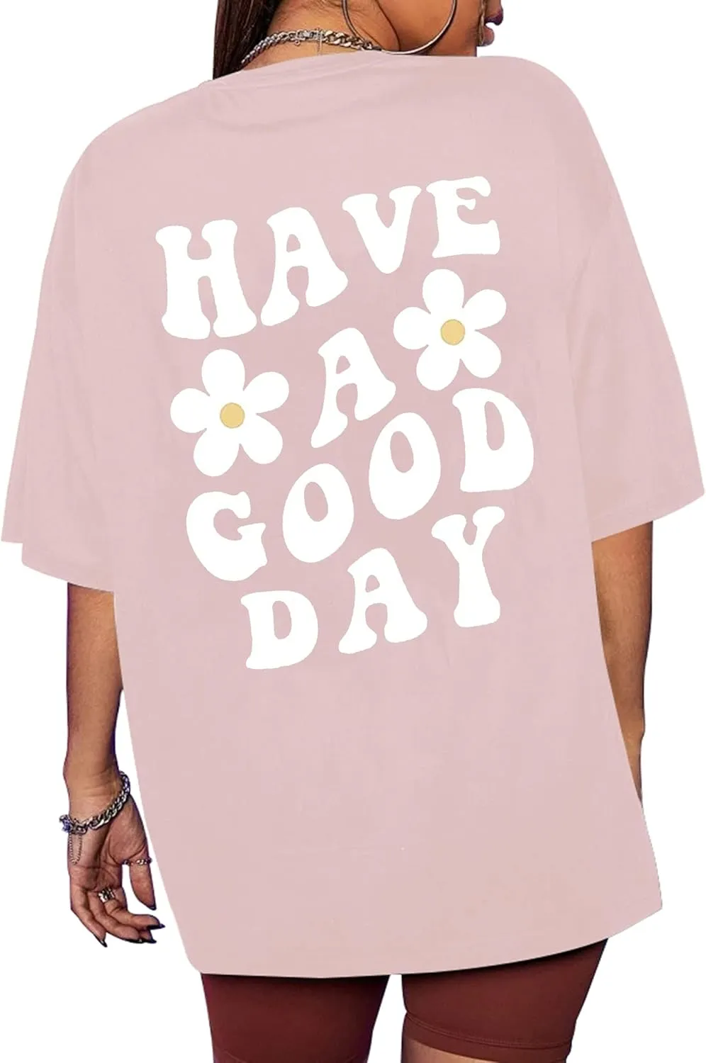 Meladyan Womens Oversize Graphic Printed T-Shirts Short Sleeve Drop Shoulder Round Neck Loose Tee Shirt Tops