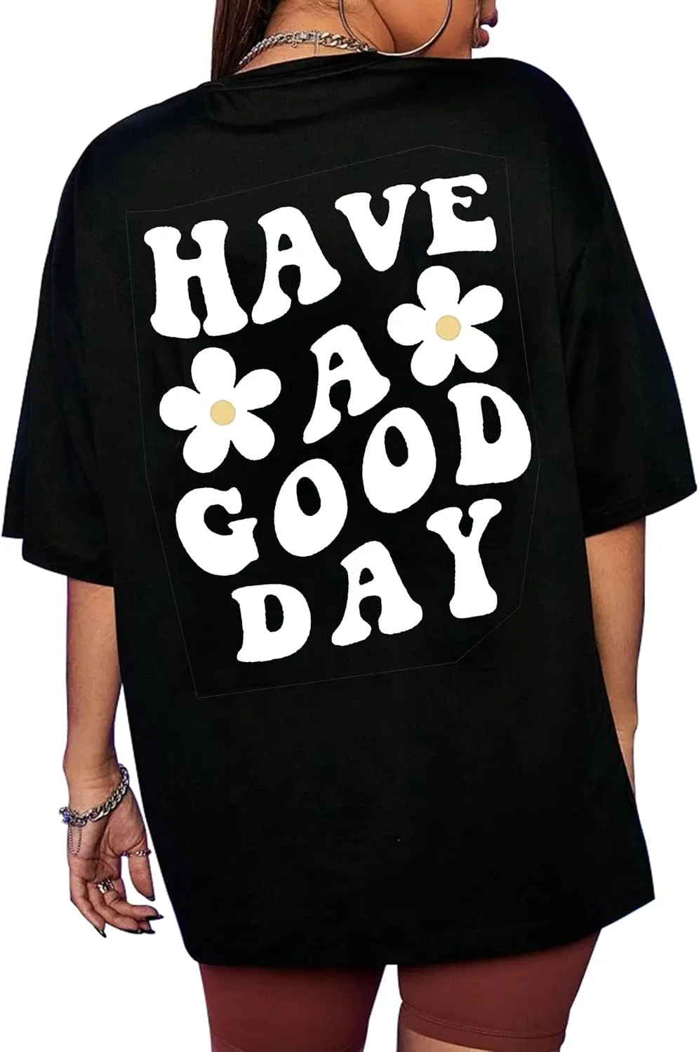 Meladyan Womens Oversize Graphic Printed T-Shirts Short Sleeve Drop Shoulder Round Neck Loose Tee Shirt Tops