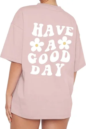 Meladyan Womens Oversize Graphic Printed T-Shirts Short Sleeve Drop Shoulder Round Neck Loose Tee Shirt Tops