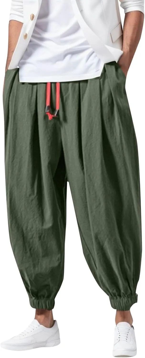 Men Cargo Combat Work Pants Casual Linen Stretch Waistband Pant Workwear Sweatpants Joggers Gym Yoga
