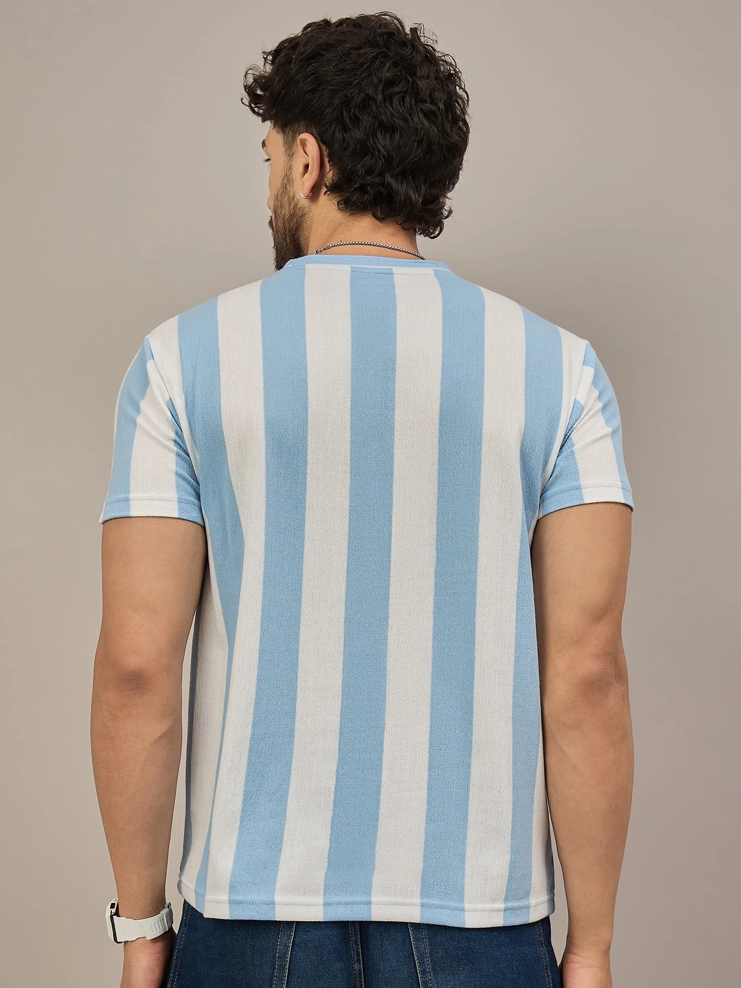 Men Striped T-shirt Sky Blue & White
