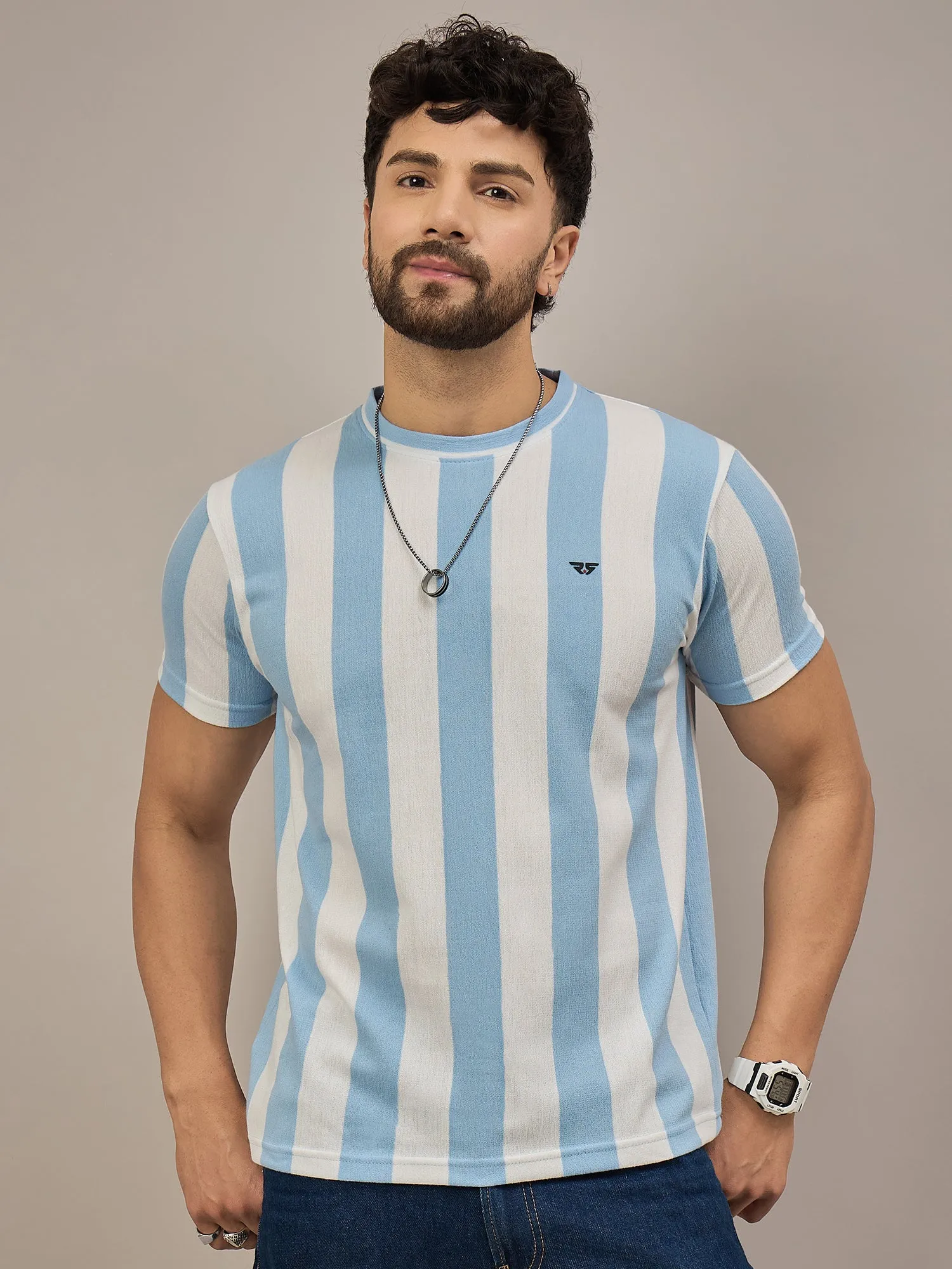 Men Striped T-shirt Sky Blue & White