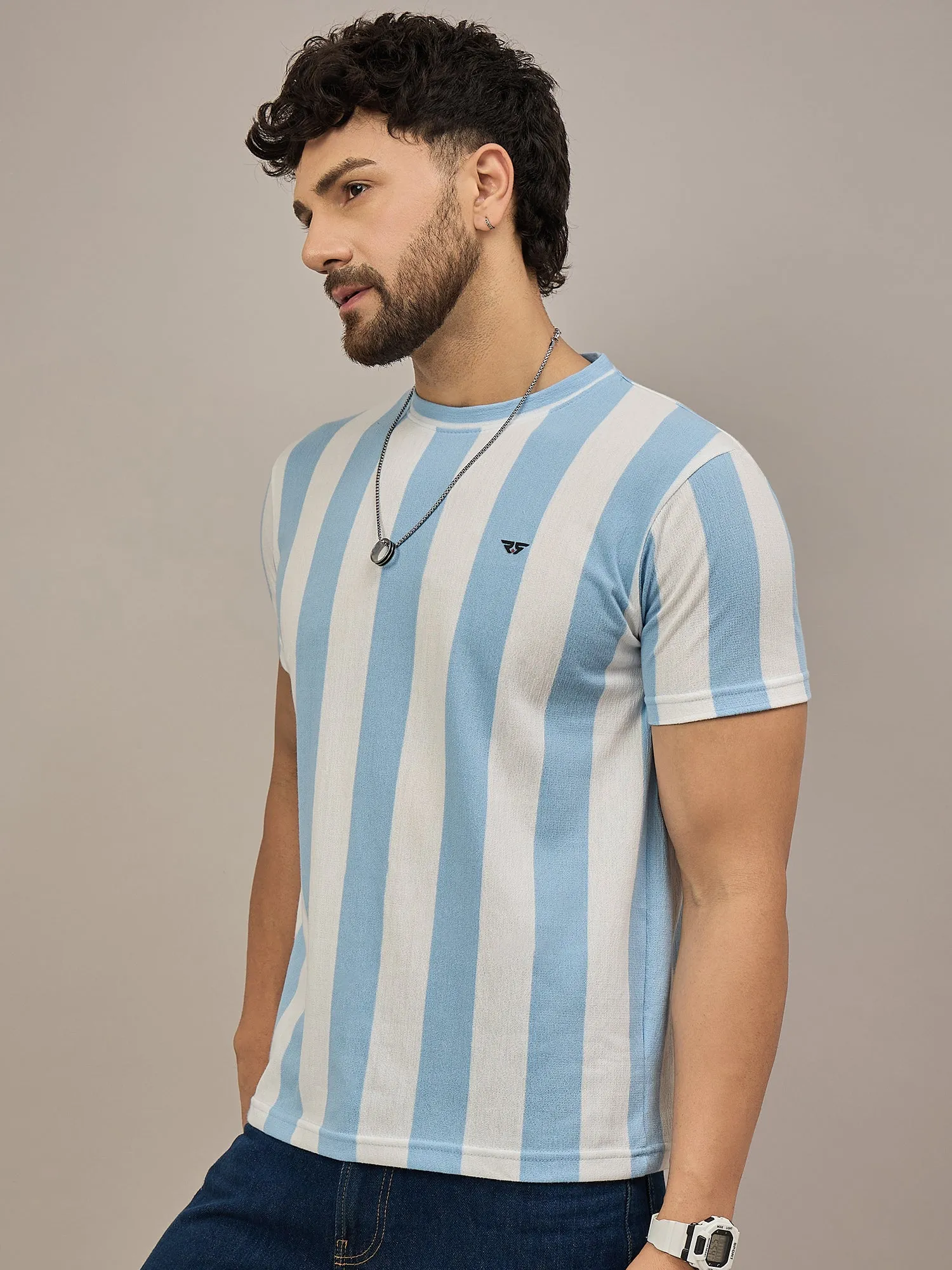 Men Striped T-shirt Sky Blue & White