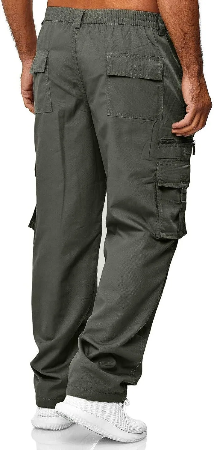 Men's Combat Cargo Pants Casual Linen Stretch Elastic Waist Pant Sweatpant Joggers Baggy Running Sports