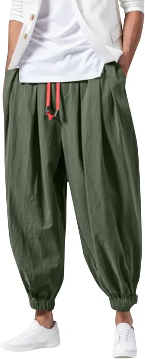 Mens Combat Cargo Pants Casual Linen Stretchy Elastic Waist Pant Sweatpants Joggers Baggy Training Gym Running