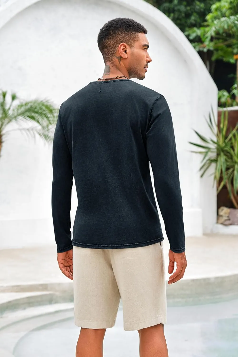 Mens Distressed Henley Shirts Front Placket Retro Long Sleeve Tee Shirts Casual Button Down Washed T-Shirts for Men