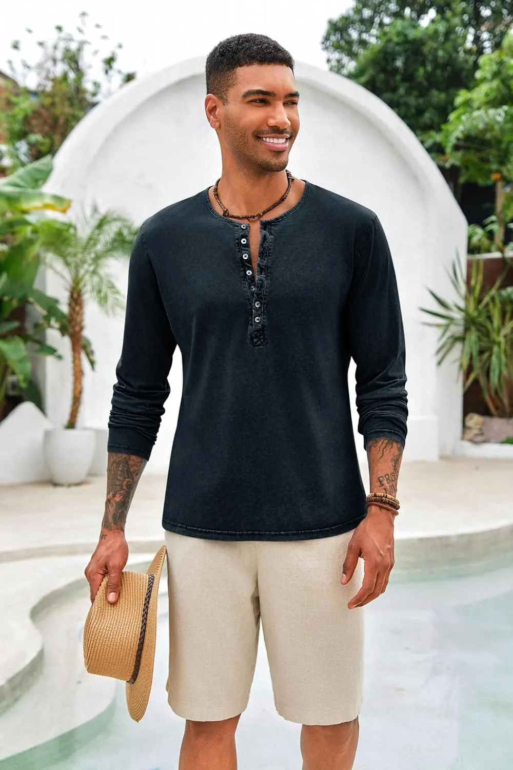 Mens Distressed Henley Shirts Front Placket Retro Long Sleeve Tee Shirts Casual Button Down Washed T-Shirts for Men