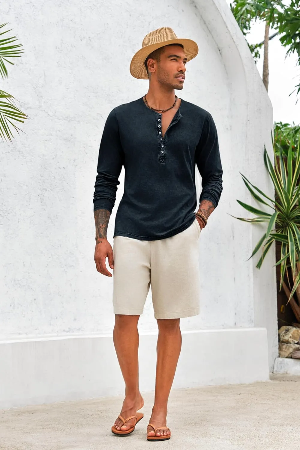 Mens Distressed Henley Shirts Front Placket Retro Long Sleeve Tee Shirts Casual Button Down Washed T-Shirts for Men