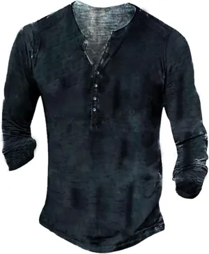 Mens Distressed Henley Shirts Front Placket Retro Long Sleeve Tee Shirts Casual Button Down Washed T-Shirts for Men