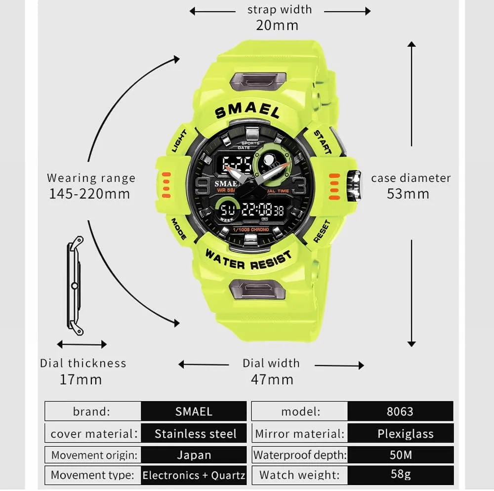 Men's Dual Display Sport Quartz Watch Strong Rubber Strap and LED Digital Analog Wristwatches Waterproof Electronic Clock 8063
