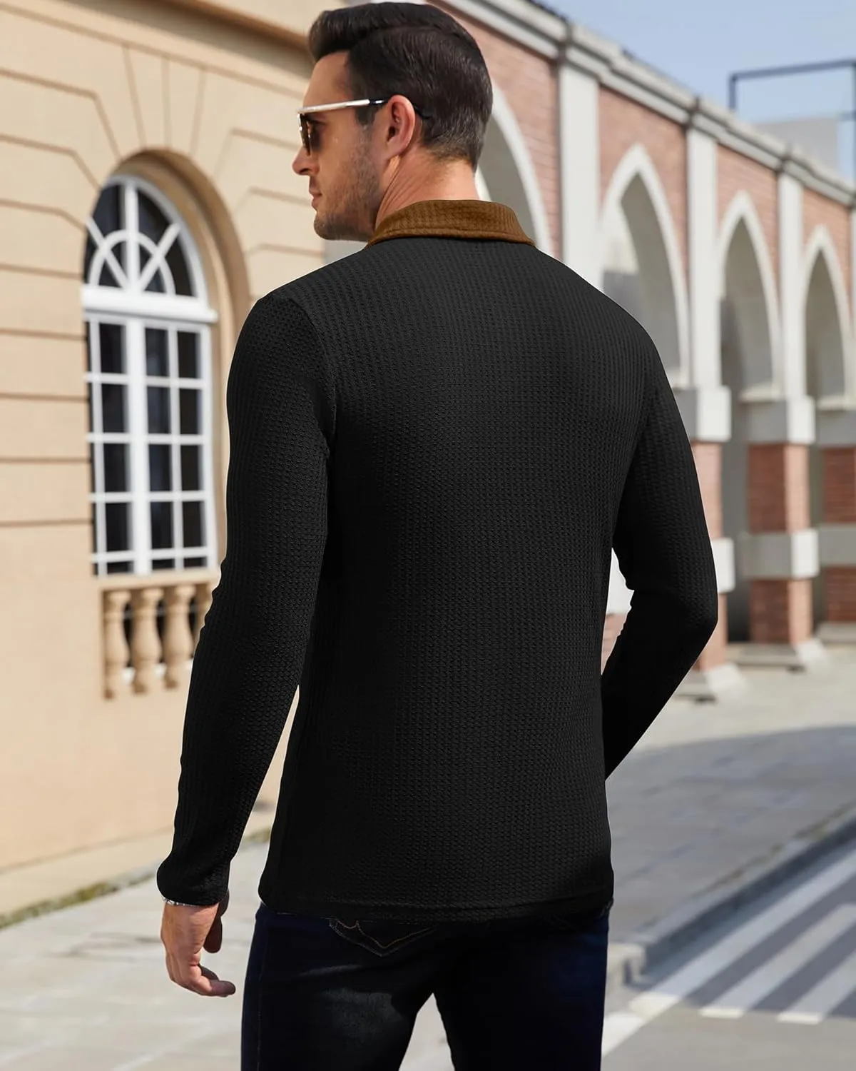 Men's Knit Long Sleeve Polo Shirts Casual Shirts Lightweight Waffle Texture Slim Fit Polo Shirts for Men with Pocket