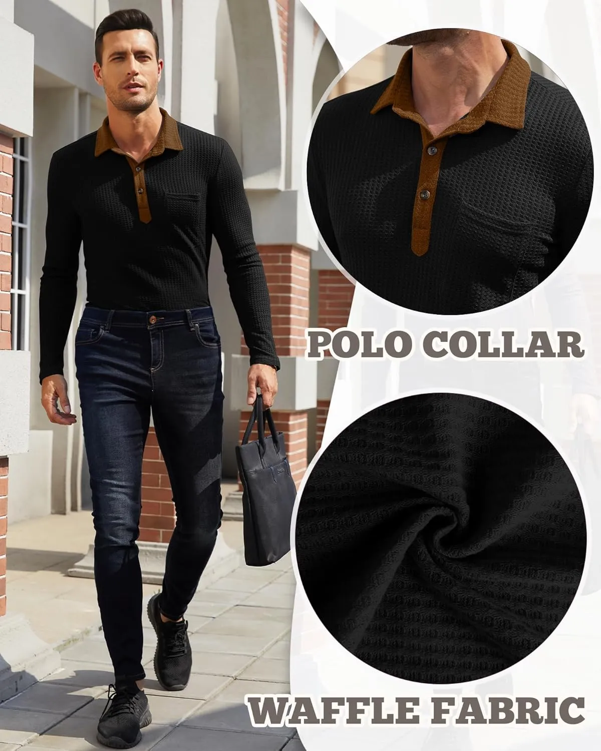 Men's Knit Long Sleeve Polo Shirts Casual Shirts Lightweight Waffle Texture Slim Fit Polo Shirts for Men with Pocket