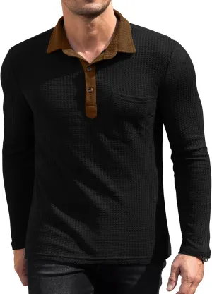 Men's Knit Long Sleeve Polo Shirts Casual Shirts Lightweight Waffle Texture Slim Fit Polo Shirts for Men with Pocket