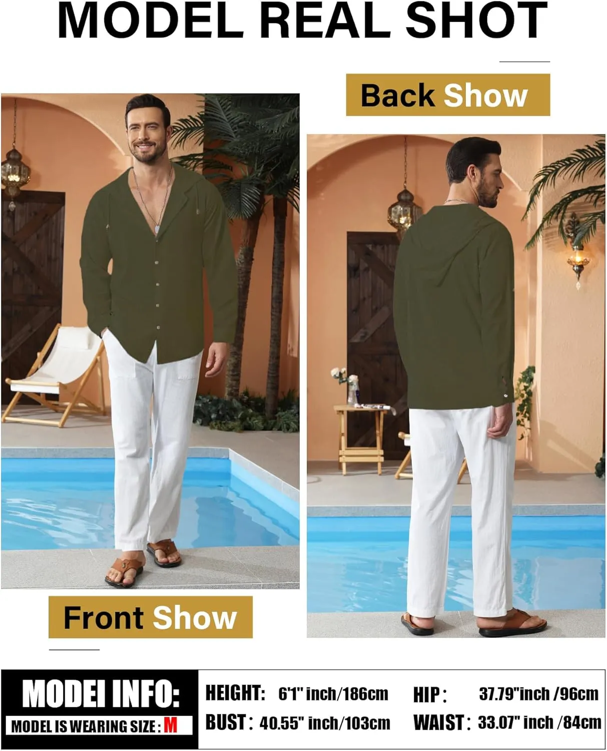 Mens Linen Shirts Casual Button Down Shirts Long Sleeve Roll-Up Sleeve Summer Beach Shirts Tops with Hood