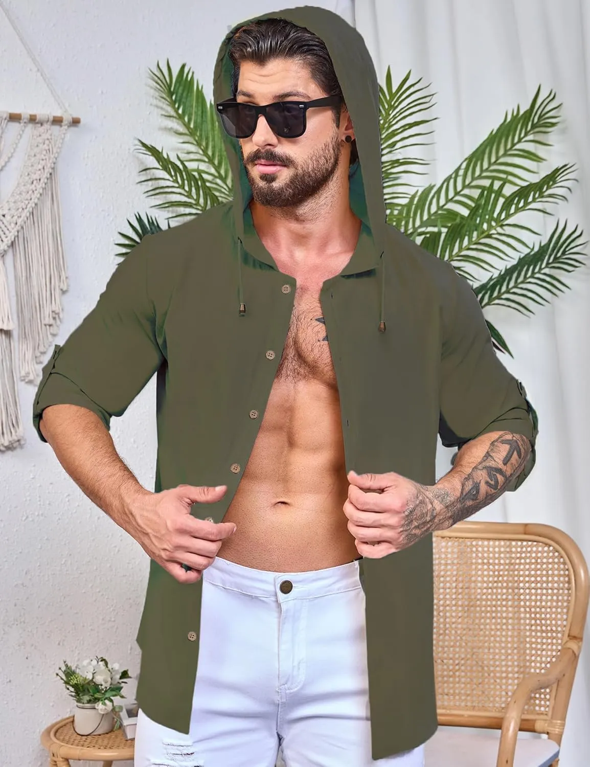 Mens Linen Shirts Casual Button Down Shirts Long Sleeve Roll-Up Sleeve Summer Beach Shirts Tops with Hood