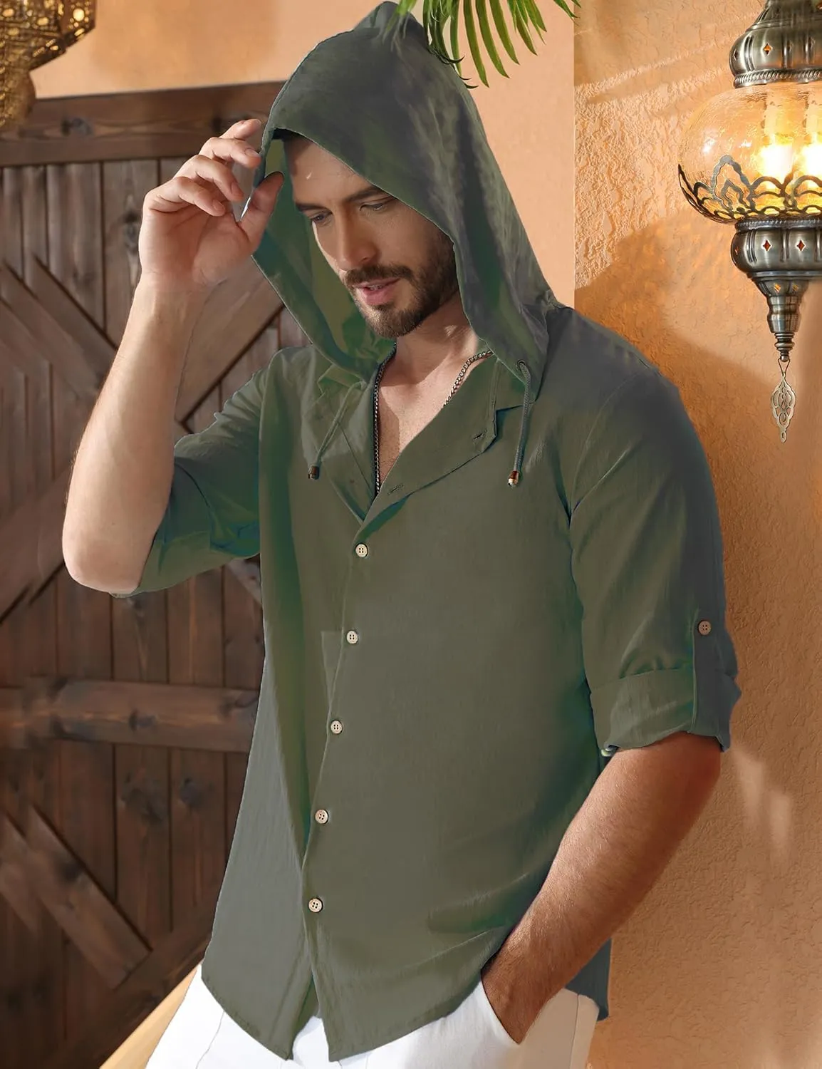 Mens Linen Shirts Casual Button Down Shirts Long Sleeve Roll-Up Sleeve Summer Beach Shirts Tops with Hood