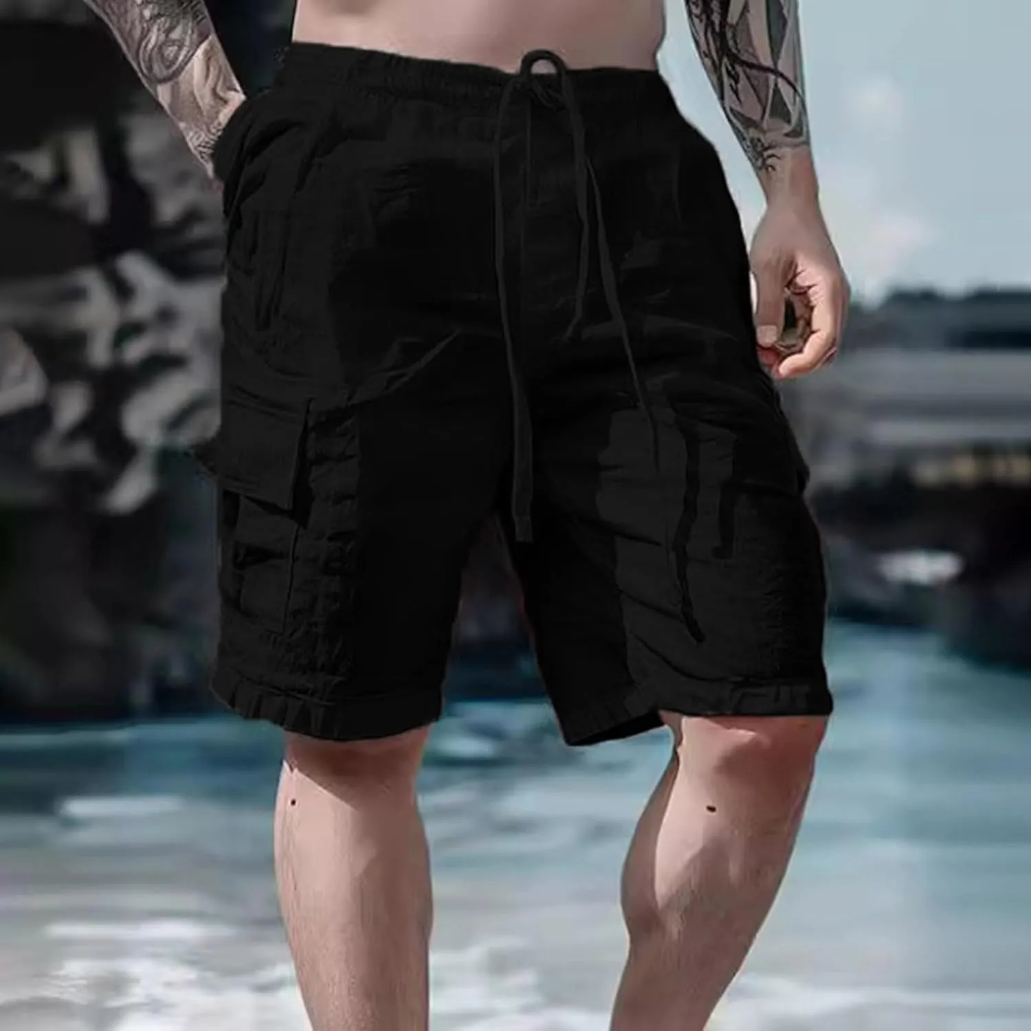 Men's Linen Shorts Summer Breathable Beach Yoga Pants Lightweight Elastic Waist Outdoor Hiking Sweatpants with Pockets