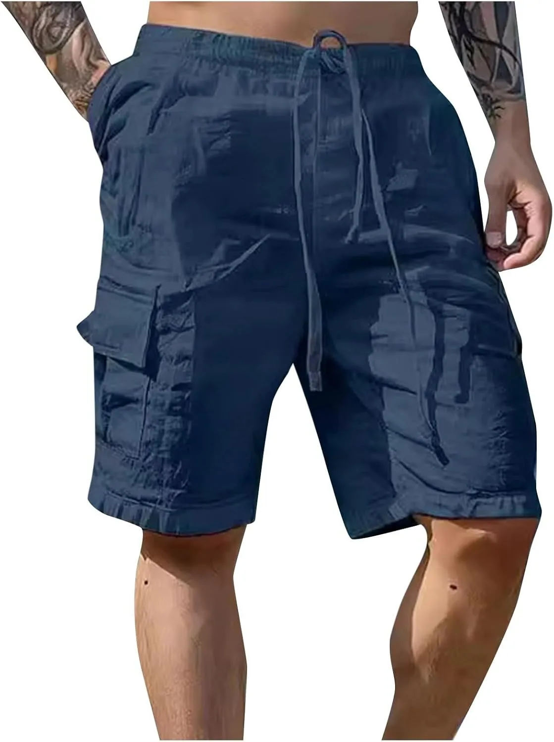 Men's Linen Shorts Summer Breathable Beach Yoga Pants Lightweight Elastic Waist Outdoor Hiking Sweatpants with Pockets