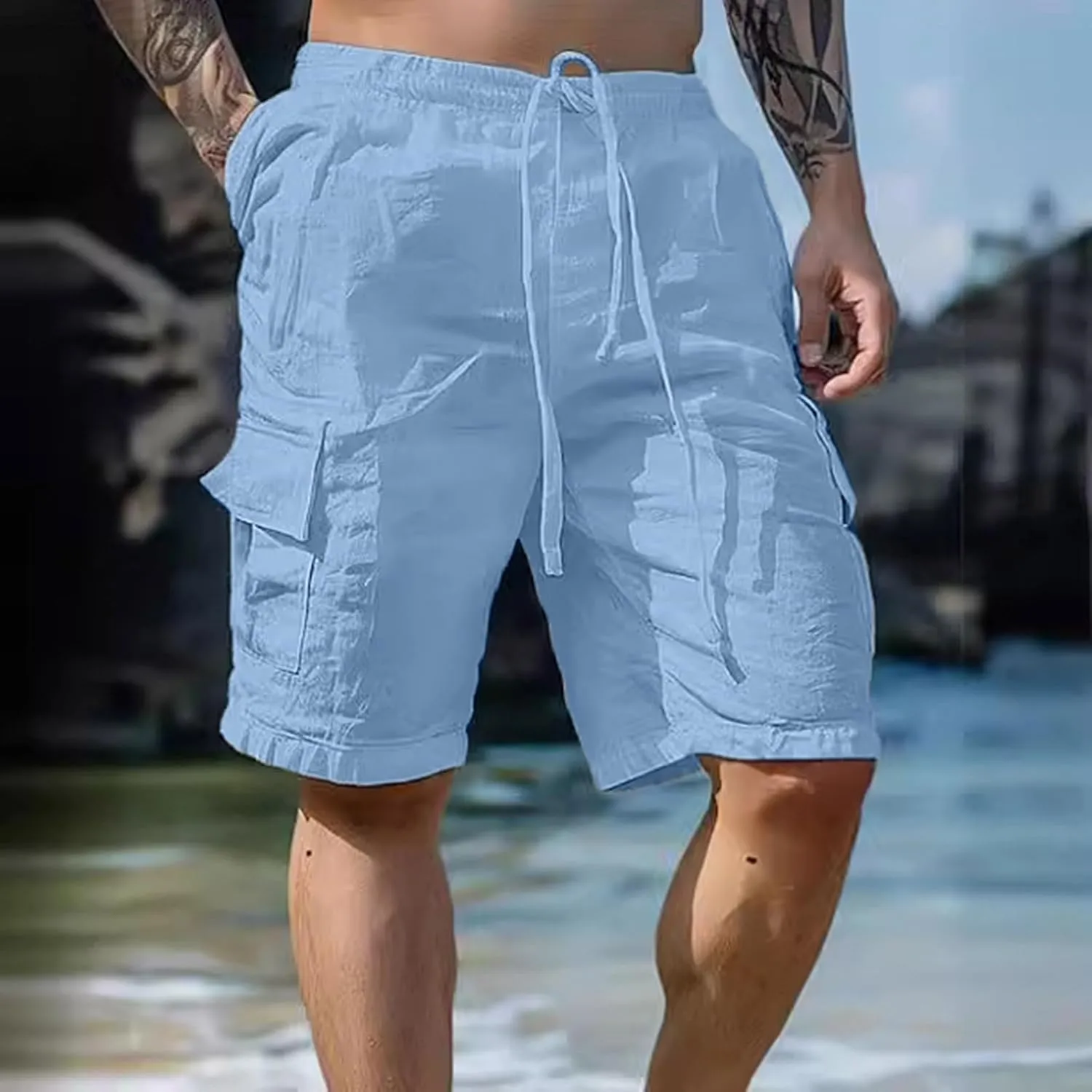 Men's Linen Shorts Summer Breathable Beach Yoga Pants Lightweight Elastic Waist Outdoor Hiking Sweatpants with Pockets