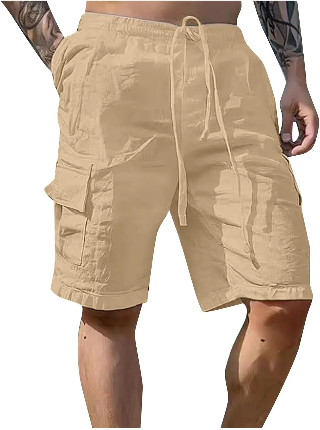 Men's Linen Shorts Summer Breathable Beach Yoga Pants Lightweight Elastic Waist Outdoor Hiking Sweatpants with Pockets