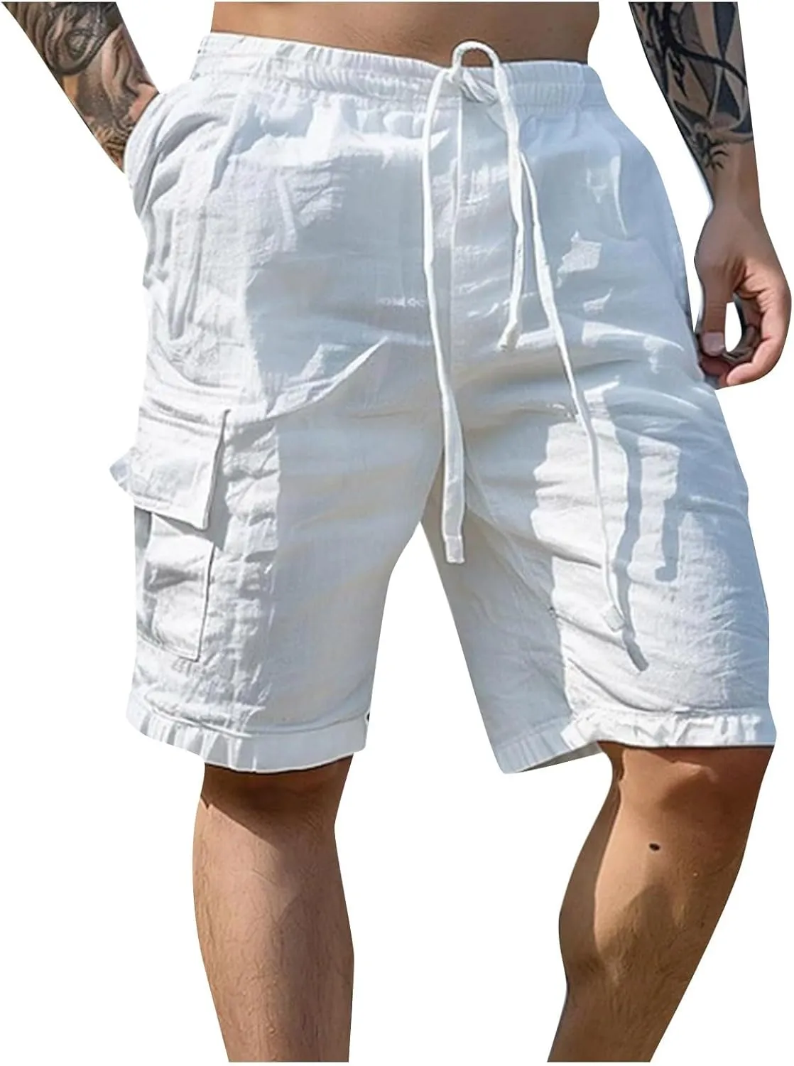 Men's Linen Shorts Summer Breathable Beach Yoga Pants Lightweight Elastic Waist Outdoor Hiking Sweatpants with Pockets
