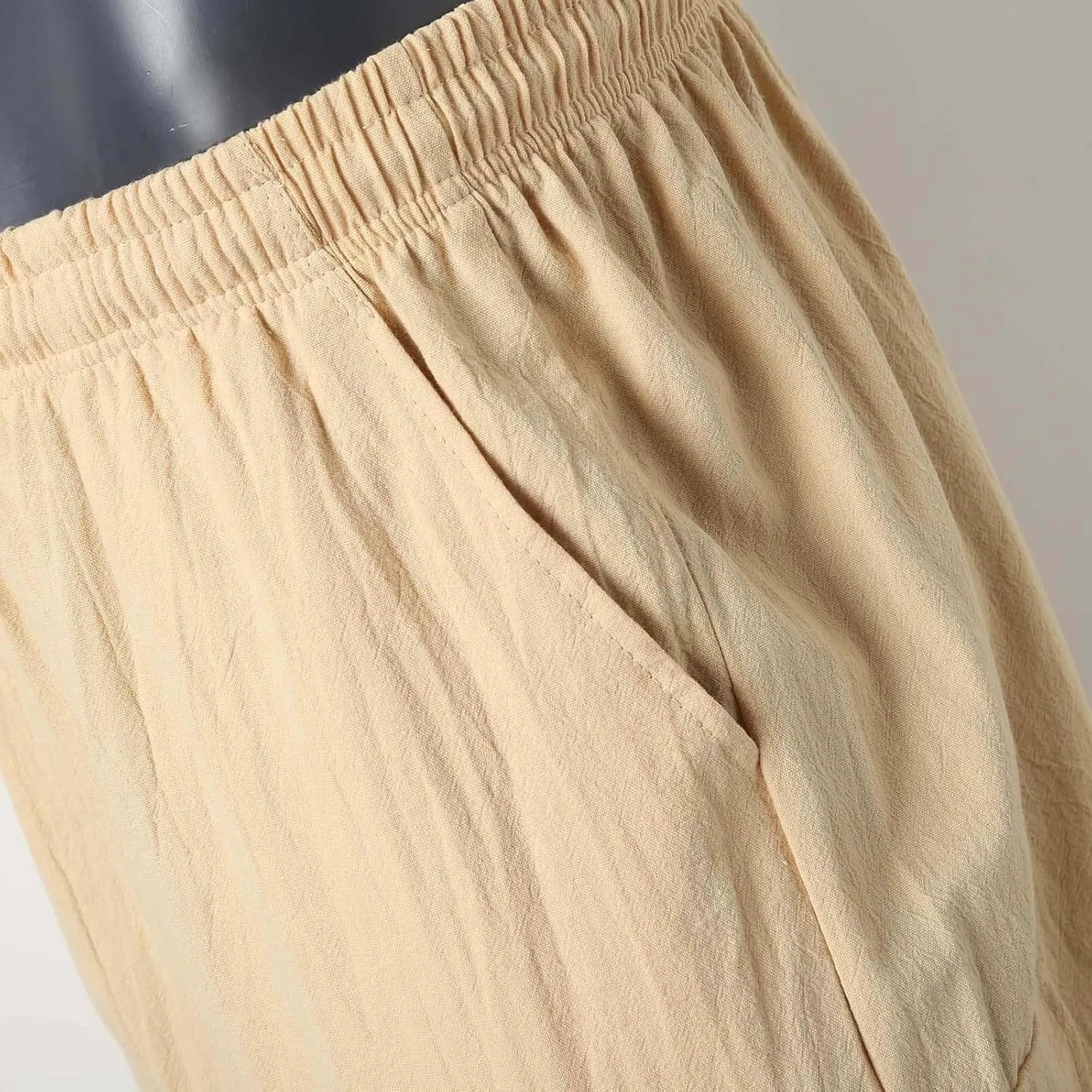 Men's Linen Shorts Summer Breathable Beach Yoga Pants Lightweight Elastic Waist Outdoor Hiking Sweatpants with Pockets