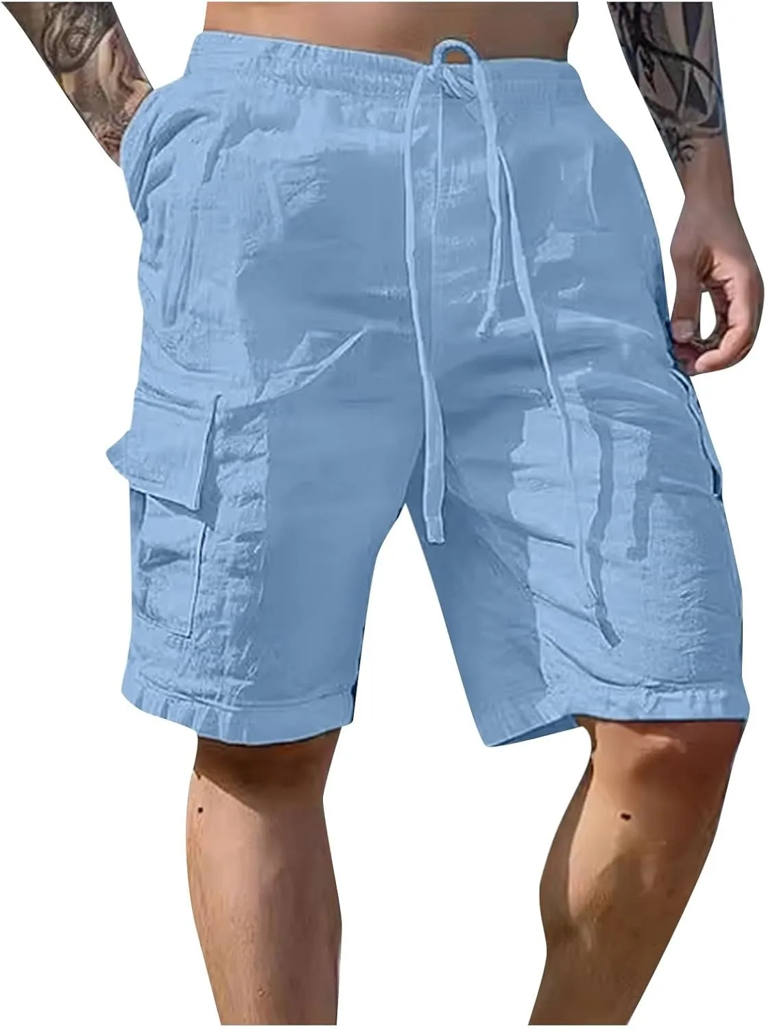 Men's Linen Shorts Summer Breathable Beach Yoga Pants Lightweight Elastic Waist Outdoor Hiking Sweatpants with Pockets