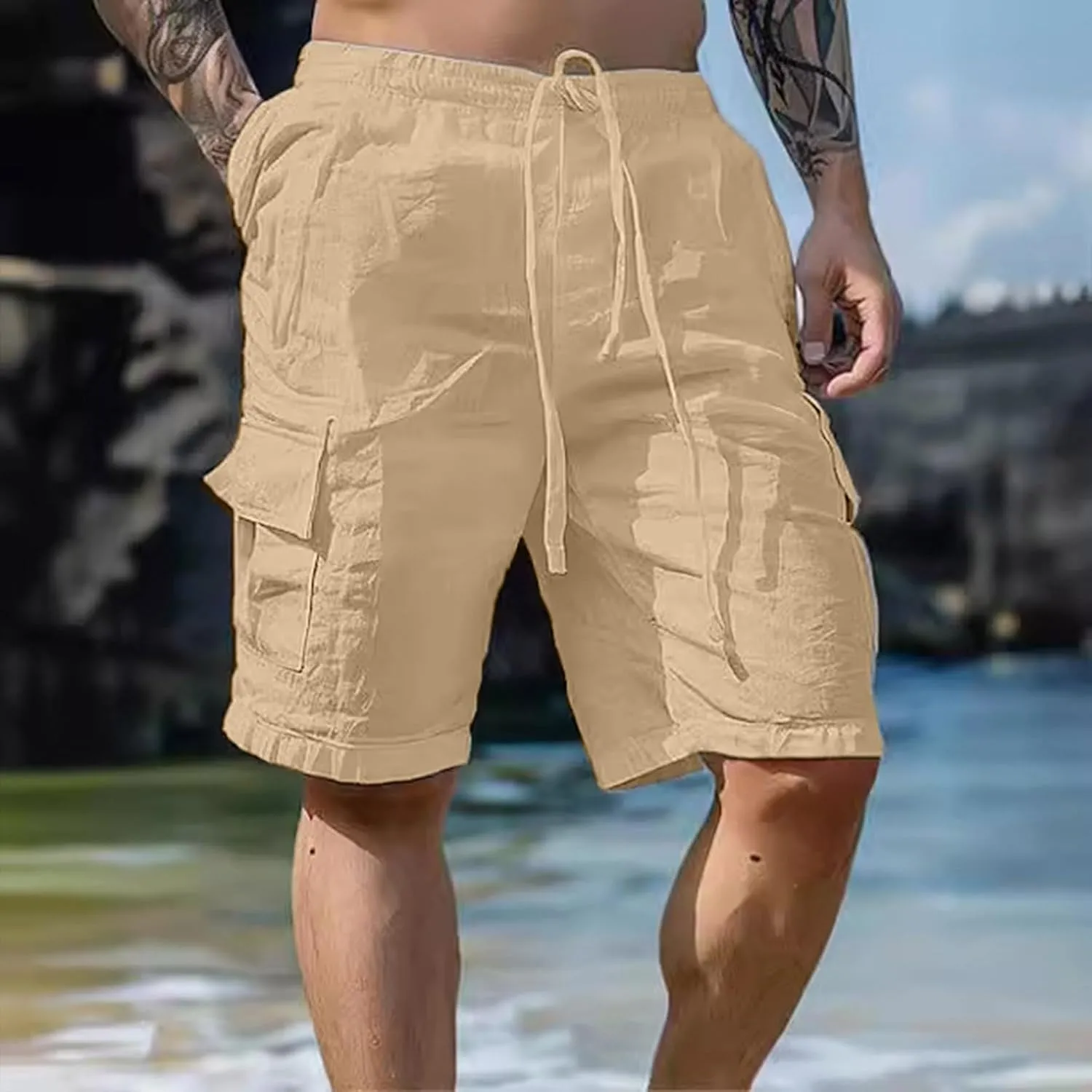 Men's Linen Shorts Summer Breathable Beach Yoga Pants Lightweight Elastic Waist Outdoor Hiking Sweatpants with Pockets
