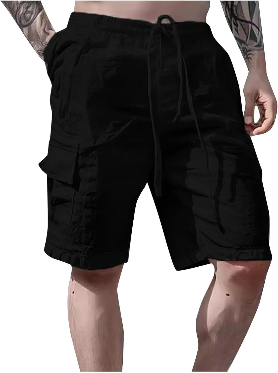 Men's Linen Shorts Summer Breathable Beach Yoga Pants Lightweight Elastic Waist Outdoor Hiking Sweatpants with Pockets