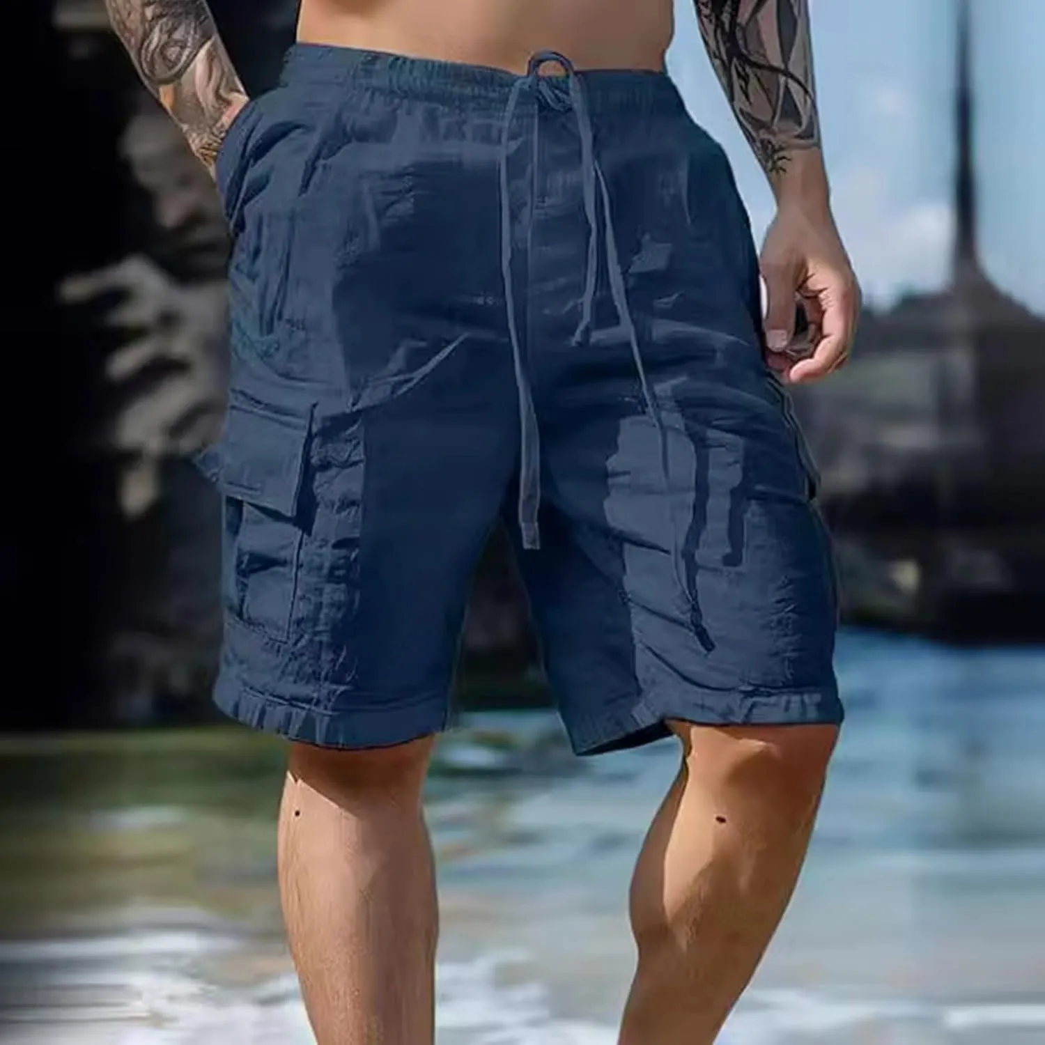 Men's Linen Shorts Summer Breathable Beach Yoga Pants Lightweight Elastic Waist Outdoor Hiking Sweatpants with Pockets