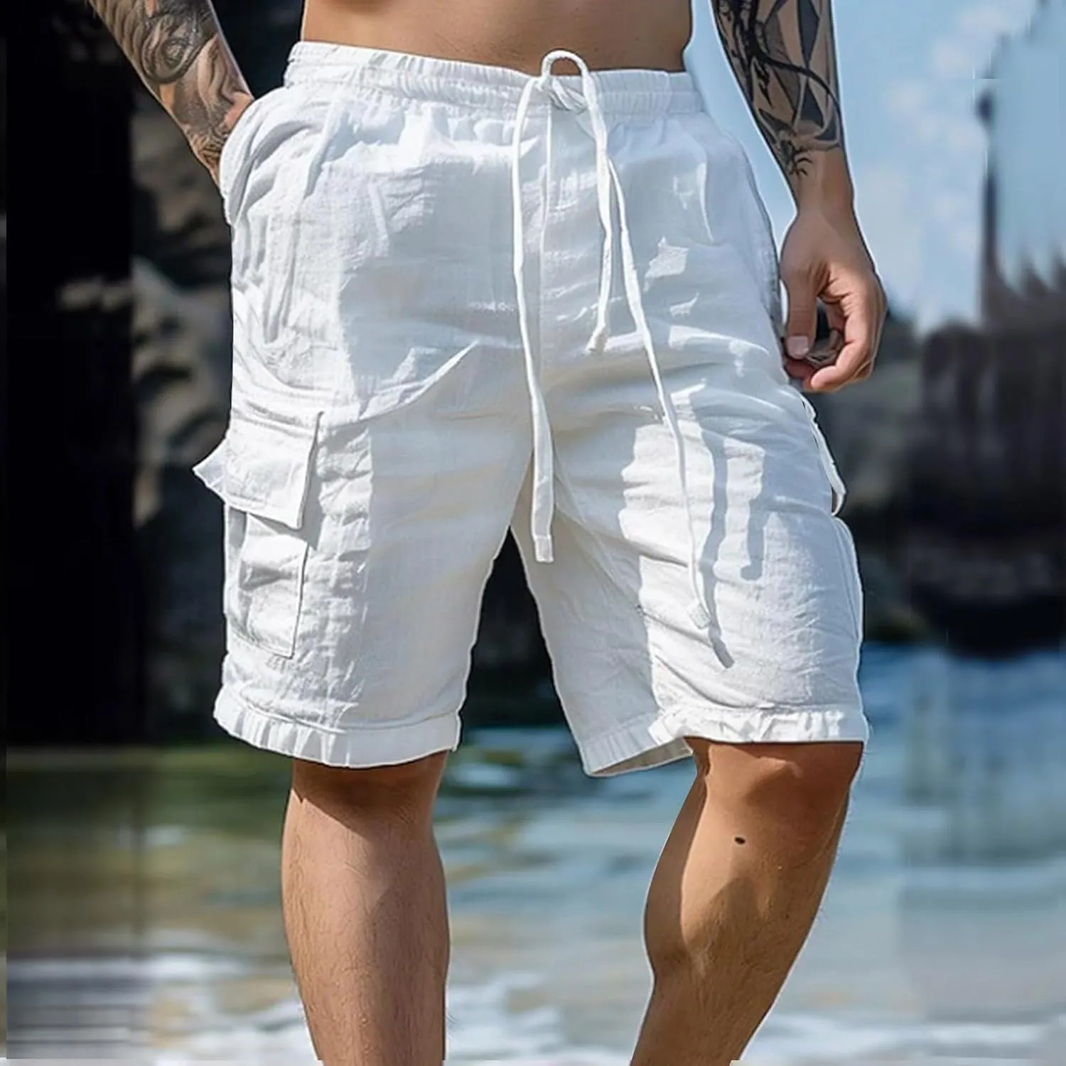 Men's Linen Shorts Summer Breathable Beach Yoga Pants Lightweight Elastic Waist Outdoor Hiking Sweatpants with Pockets