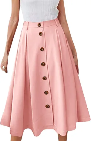 Midi Skirts for Women Casual High Elastic Waist Button Pleated Linen A Line Skirts with Pockets Flowy Swing Beach