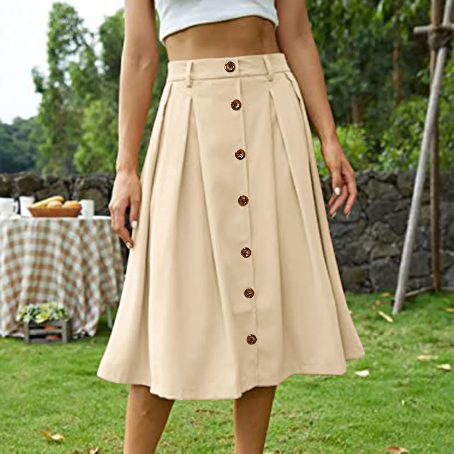 Midi Skirts for Women Casual High Elastic Waist Button Pleated Linen A Line Skirts with Pockets Flowy Swing Beach