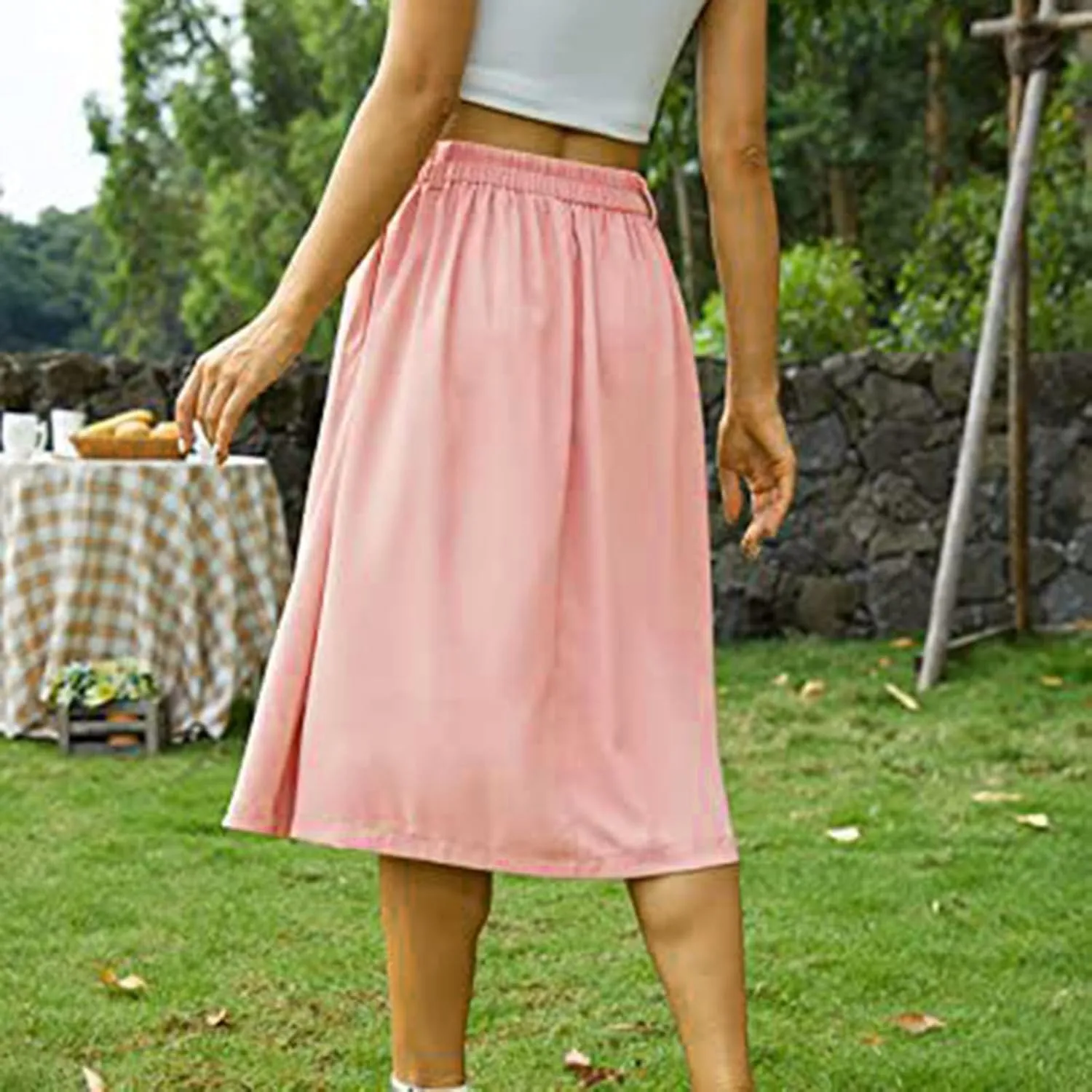 Midi Skirts for Women Casual High Elastic Waist Button Pleated Linen A Line Skirts with Pockets Flowy Swing Beach