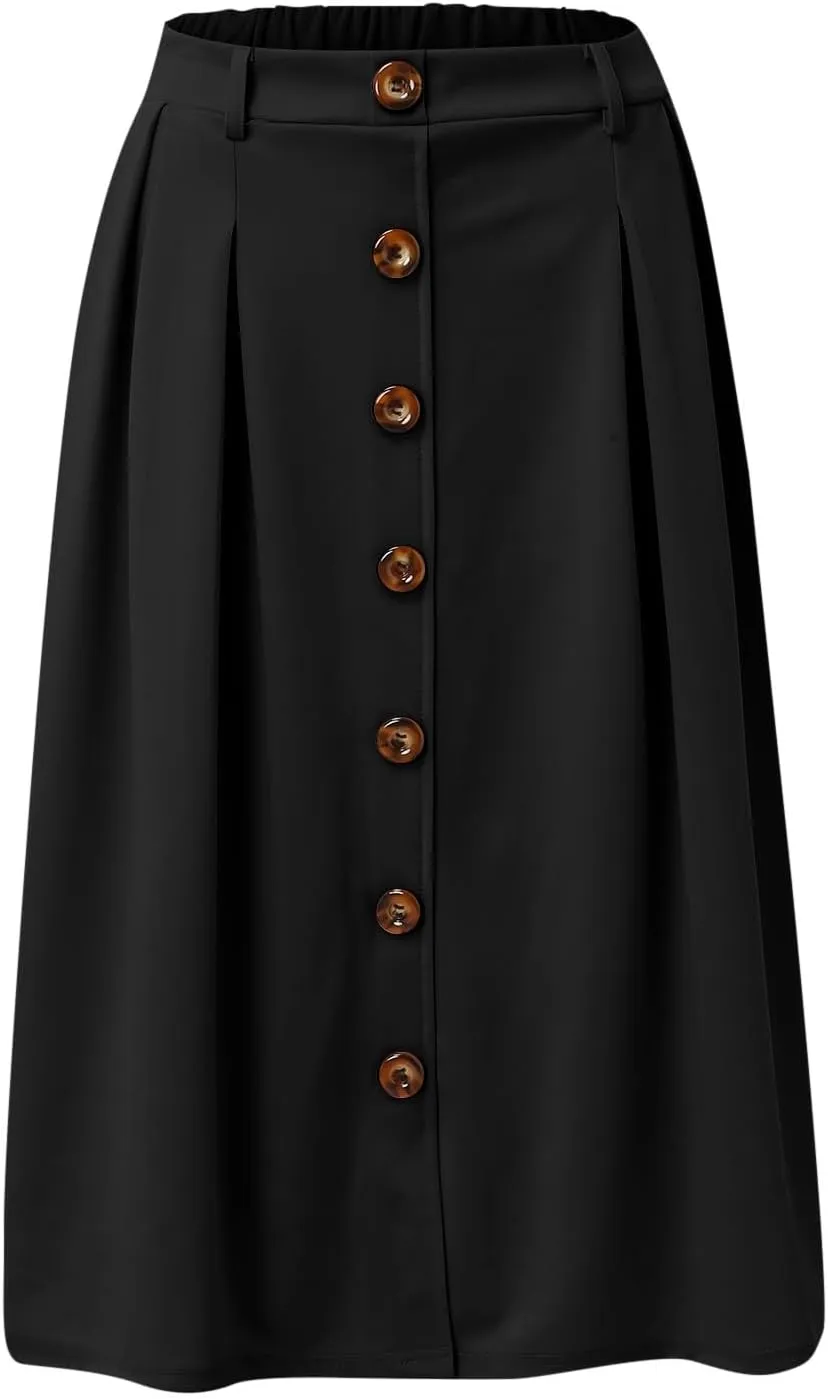 Midi Skirts for Women Casual High Elastic Waist Button Pleated Linen A Line Skirts with Pockets Flowy Swing Beach
