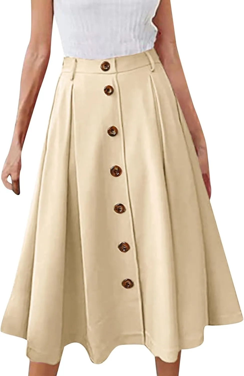 Midi Skirts for Women Casual High Elastic Waist Button Pleated Linen A Line Skirts with Pockets Flowy Swing Beach