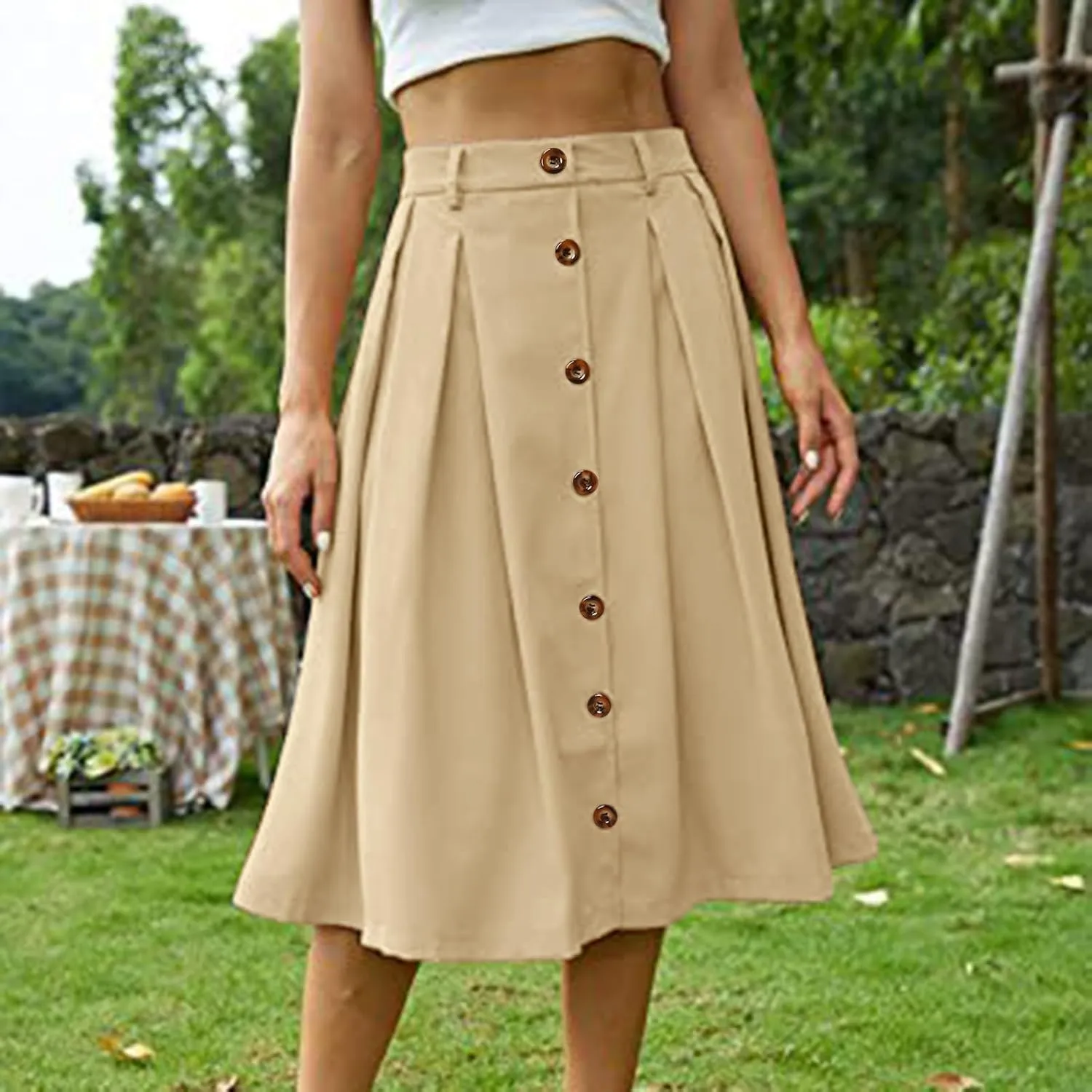 Midi Skirts for Women Casual High Elastic Waist Button Pleated Linen A Line Skirts with Pockets Flowy Swing Beach