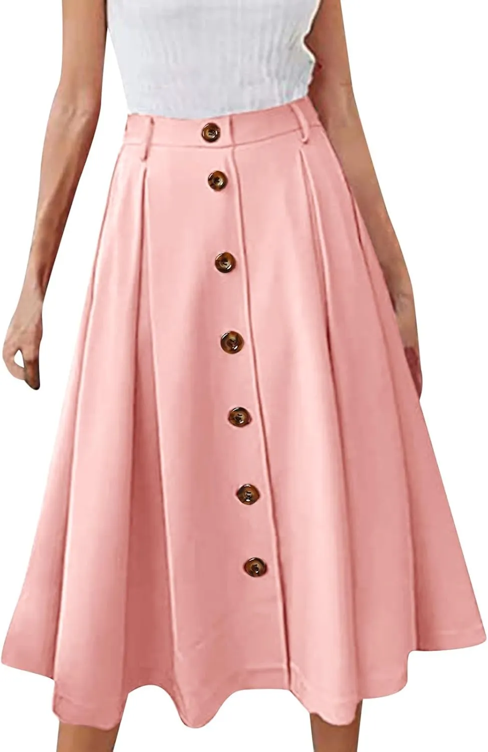 Midi Skirts for Women Casual High Elastic Waist Button Pleated Linen A Line Skirts with Pockets Flowy Swing Beach